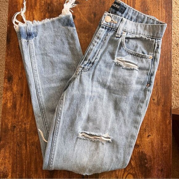 Aeropostale High Rise Distressed Raw Hem Mom Jeans - Picture 7 of 10